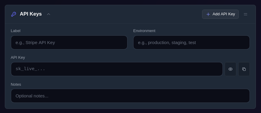 DotVault API keys panel listing organised credentials ready to search and copy